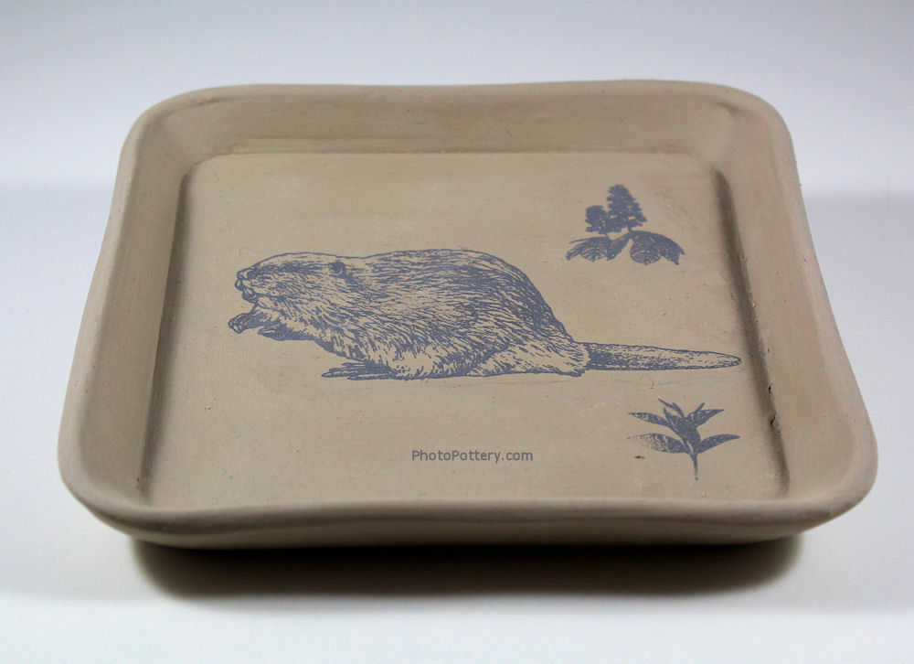 Sample square pottery plate made on plaster square mold. Greenware, with underglaze transfer.